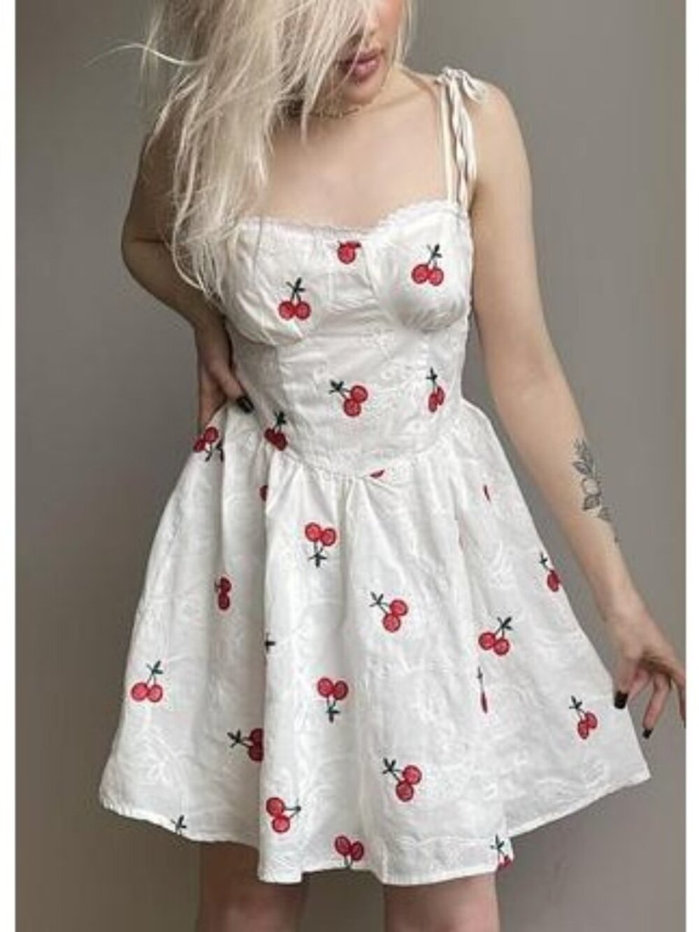 Women's White Red Cherry Bustier Strappy Mini Fit Flare Retro Dress Women S